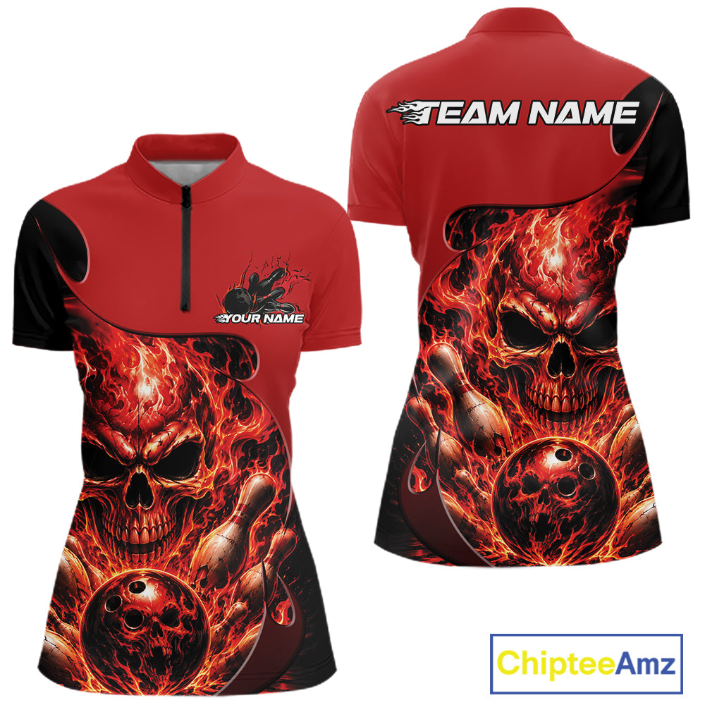 Custom Black And Red Fire Flame Halloween Skull Bowling Women Quarter-Zip Shirt IPHW11998
