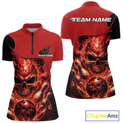 Custom Black And Red Fire Flame Halloween Skull Bowling Women Quarter-Zip Shirt IPHW11998