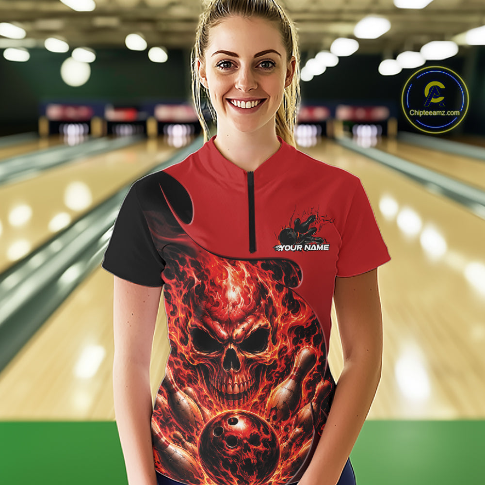 Custom Black And Red Fire Flame Halloween Skull Bowling Women Quarter-Zip Shirt IPHW11998