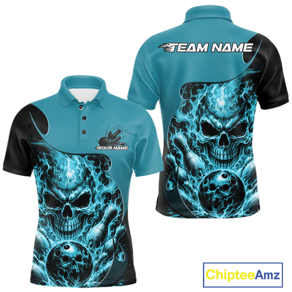 Custom Turquoise Blue Fire Flame Halloween Skull Bowling Men Polo Shirt, Team Jersey IPHW11999
