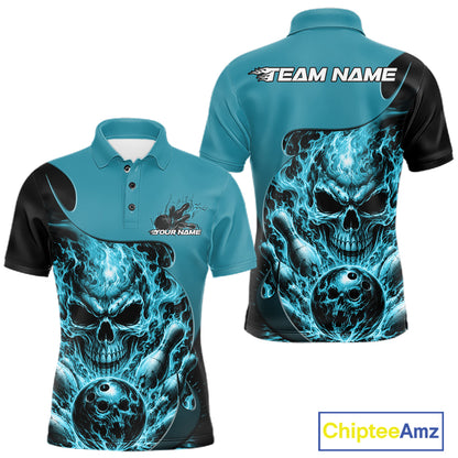 Custom Turquoise Blue Fire Flame Halloween Skull Bowling Men Polo Shirt, Team Jersey IPHW11999