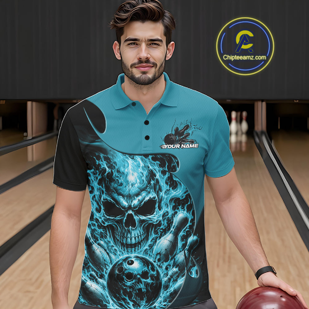 Custom Turquoise Blue Fire Flame Halloween Skull Bowling Men Polo Shirt, Team Jersey IPHW11999