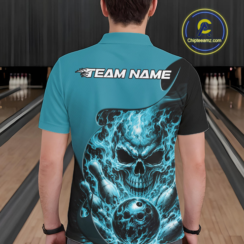 Custom Turquoise Blue Fire Flame Halloween Skull Bowling Men Polo Shirt, Team Jersey IPHW11999