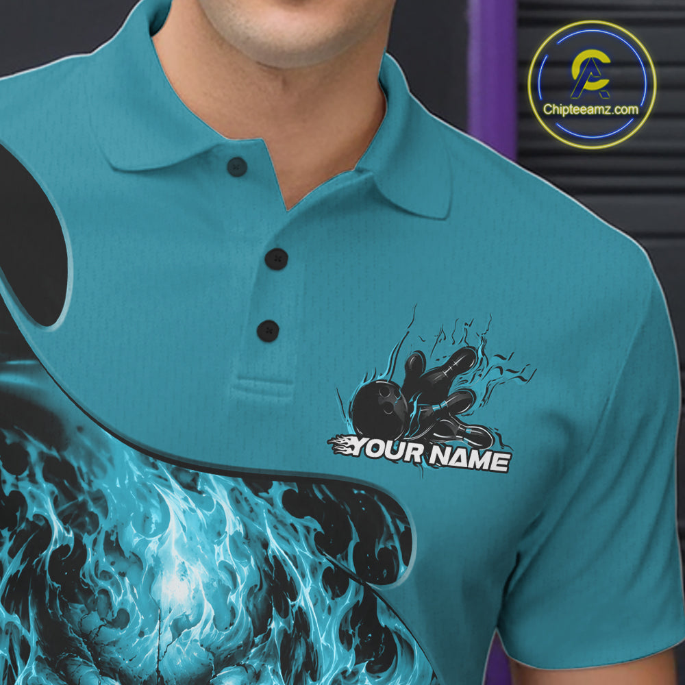 Custom Turquoise Blue Fire Flame Halloween Skull Bowling Men Polo Shirt, Team Jersey IPHW11999