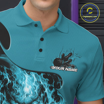 Custom Turquoise Blue Fire Flame Halloween Skull Bowling Men Polo Shirt, Team Jersey IPHW11999