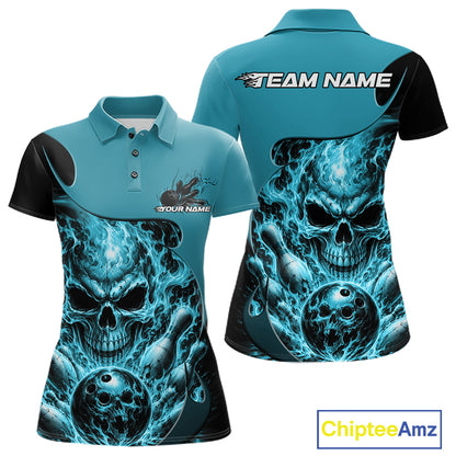 Custom Turquoise Blue Fire Flame Halloween Skull Bowling Women Polo Shirt, Team Jersey IPHW11999