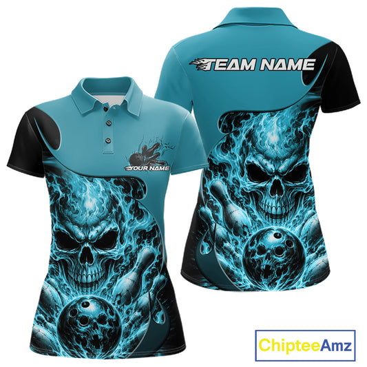 Custom Turquoise Blue Fire Flame Halloween Skull Bowling Women Polo Shirt, Team Jersey IPHW11999