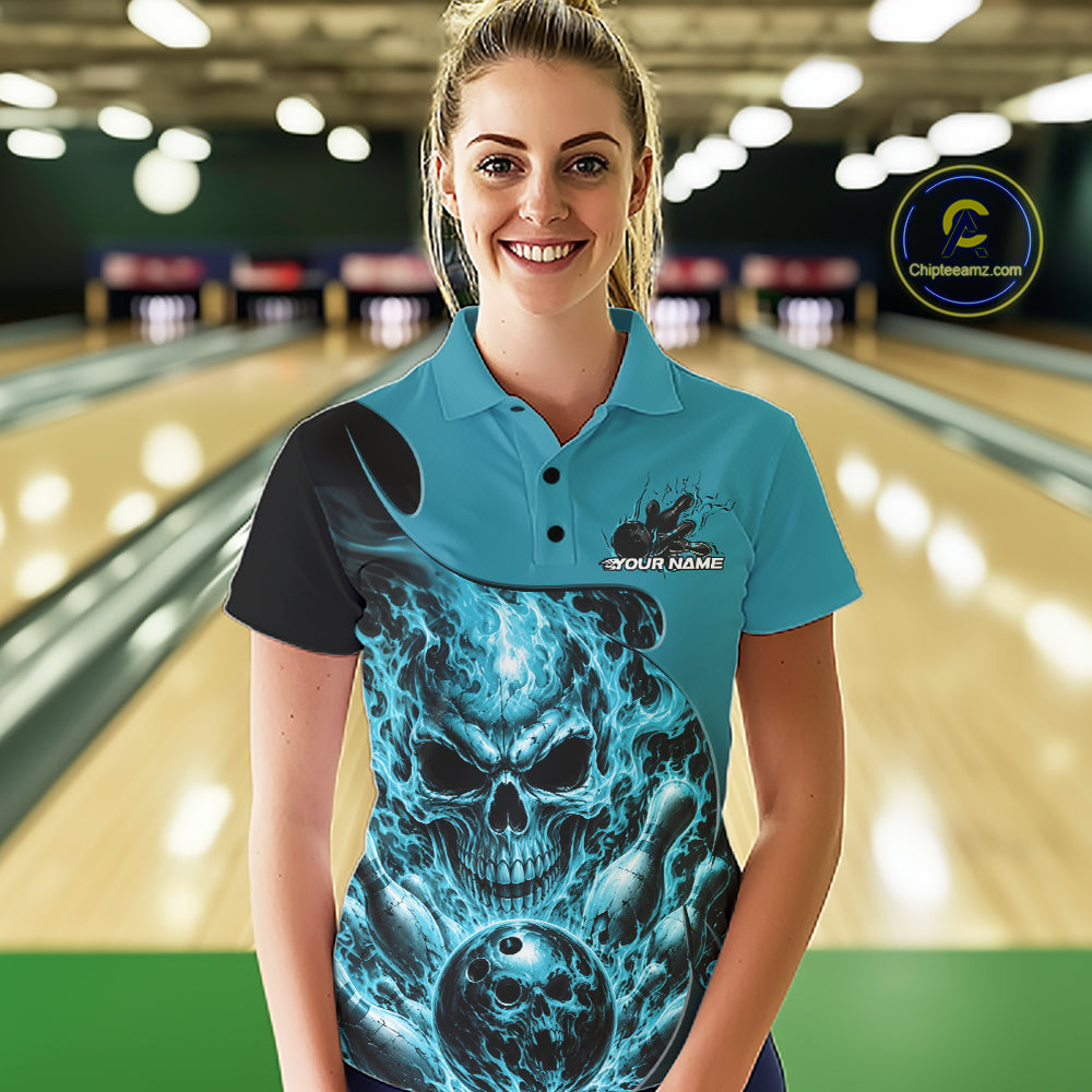 Custom Turquoise Blue Fire Flame Halloween Skull Bowling Women Polo Shirt, Team Jersey IPHW11999