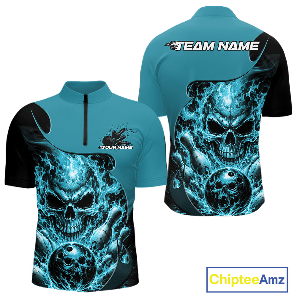 Custom Turquoise Blue Fire Flame Halloween Skull Bowling Men Quarter Zip Shirt, Team Jersey IPHW11999