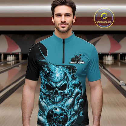 Custom Turquoise Blue Fire Flame Halloween Skull Bowling Men Quarter Zip Shirt, Team Jersey IPHW11999