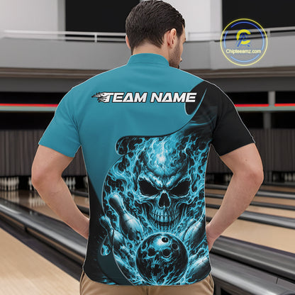 Custom Turquoise Blue Fire Flame Halloween Skull Bowling Men Quarter Zip Shirt, Team Jersey IPHW11999