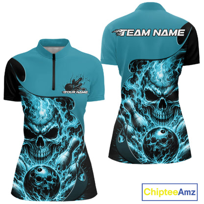 Custom Turquoise Blue Fire Flame Halloween Skull Bowling Women Quarter-Zip Shirt IPHW11999