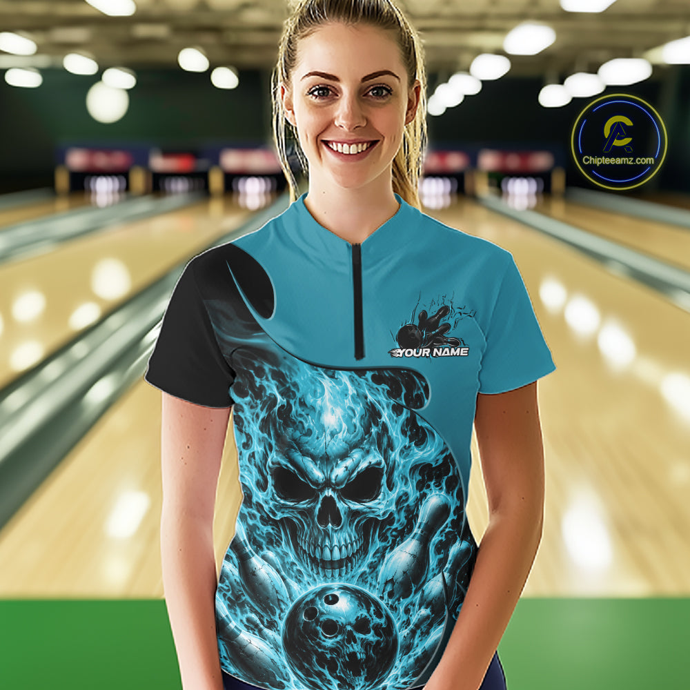 Custom Turquoise Blue Fire Flame Halloween Skull Bowling Women Quarter-Zip Shirt IPHW11999