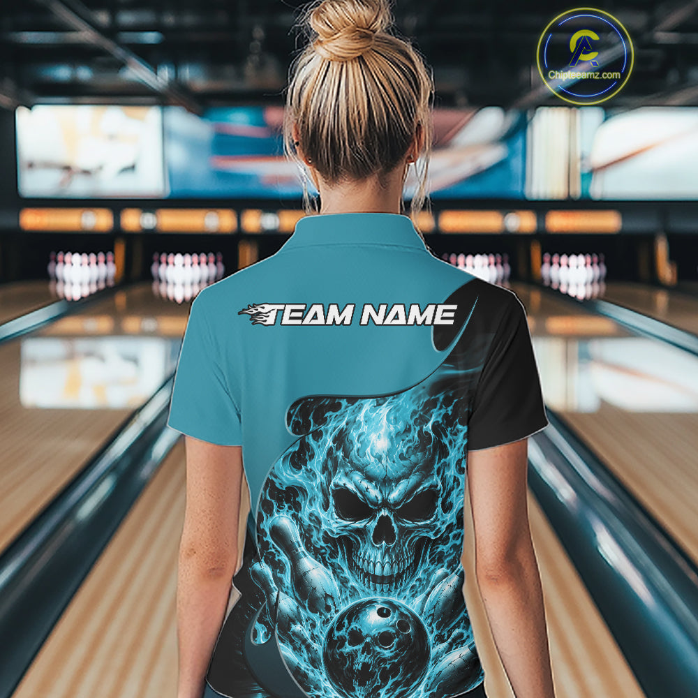Custom Turquoise Blue Fire Flame Halloween Skull Bowling Women Quarter-Zip Shirt IPHW11999