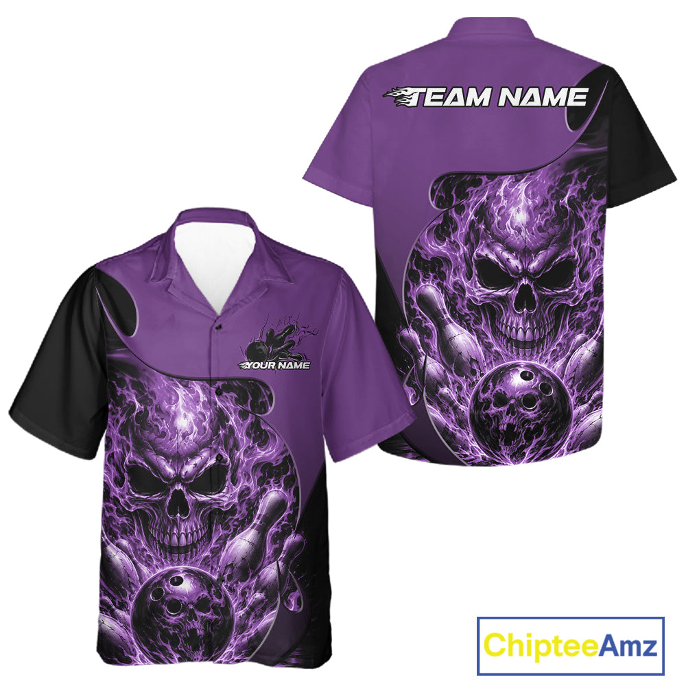 Custom Black And Purple Fire Flame Halloween Skull Bowling Men And Women Button Up Shirt, Team Jersey IPHW12000