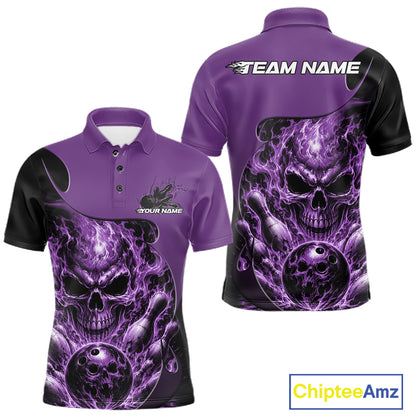 Custom Black And Purple Fire Flame Halloween Skull Bowling Men Polo Shirt, Team Jersey IPHW12000