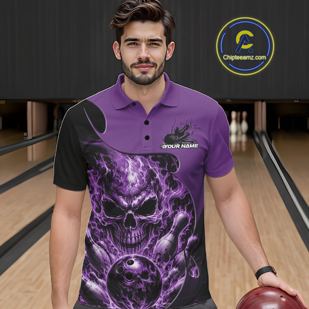 Custom Black And Purple Fire Flame Halloween Skull Bowling Men Polo Shirt, Team Jersey IPHW12000