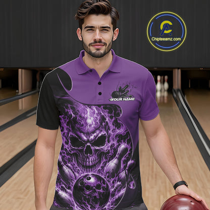 Custom Black And Purple Fire Flame Halloween Skull Bowling Men Polo Shirt, Team Jersey IPHW12000