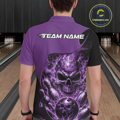 Custom Black And Purple Fire Flame Halloween Skull Bowling Men Polo Shirt, Team Jersey IPHW12000