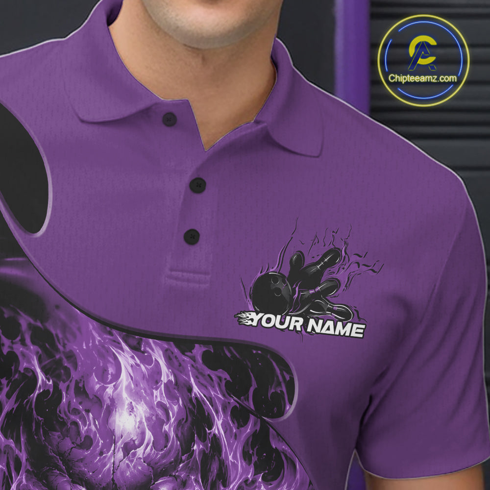 Custom Black And Purple Fire Flame Halloween Skull Bowling Men Polo Shirt, Team Jersey IPHW12000