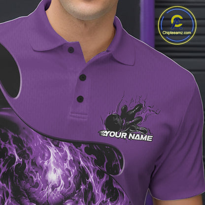 Custom Black And Purple Fire Flame Halloween Skull Bowling Men Polo Shirt, Team Jersey IPHW12000