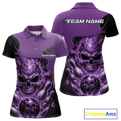 Custom Black And Purple Fire Flame Halloween Skull Bowling Women Polo Shirt, Team Jersey IPHW12000