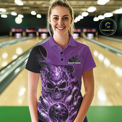 Custom Black And Purple Fire Flame Halloween Skull Bowling Women Polo Shirt, Team Jersey IPHW12000
