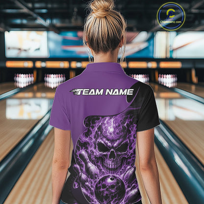Custom Black And Purple Fire Flame Halloween Skull Bowling Women Polo Shirt, Team Jersey IPHW12000