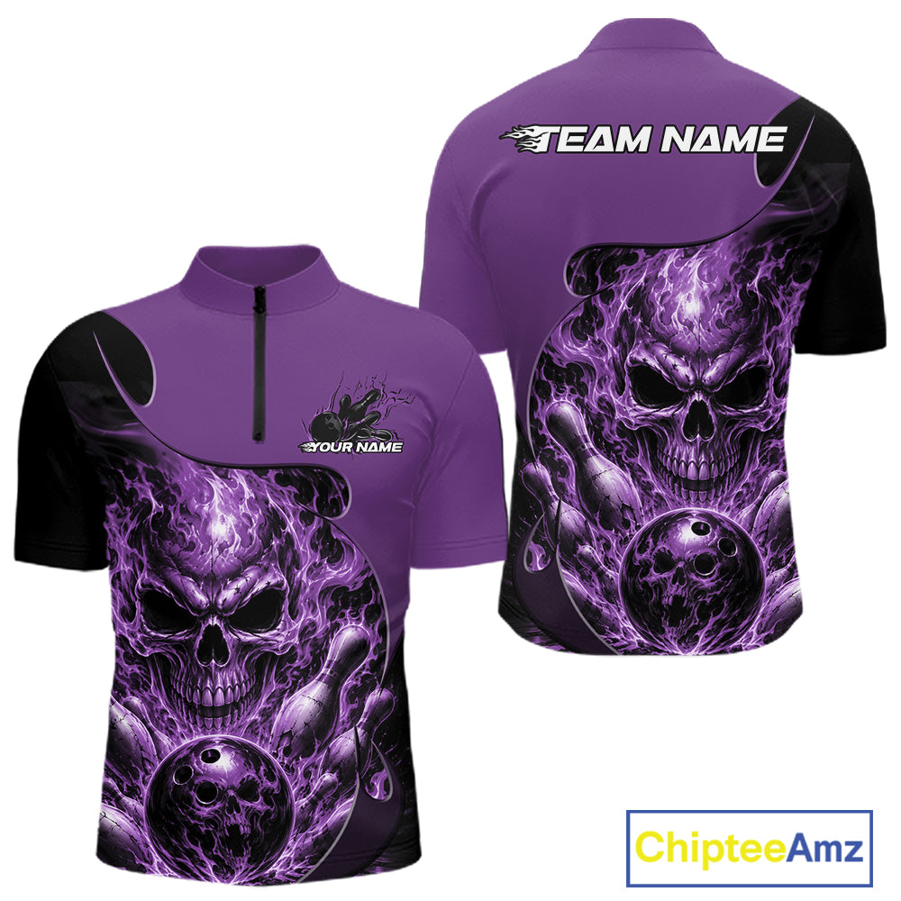 Custom Black And Purple Fire Flame Halloween Skull Bowling Men Quarter Zip Shirt, Team Jersey IPHW12000