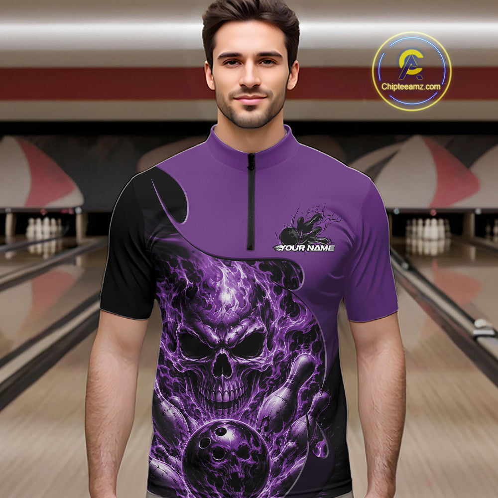 Custom Black And Purple Fire Flame Halloween Skull Bowling Men Quarter Zip Shirt, Team Jersey IPHW12000