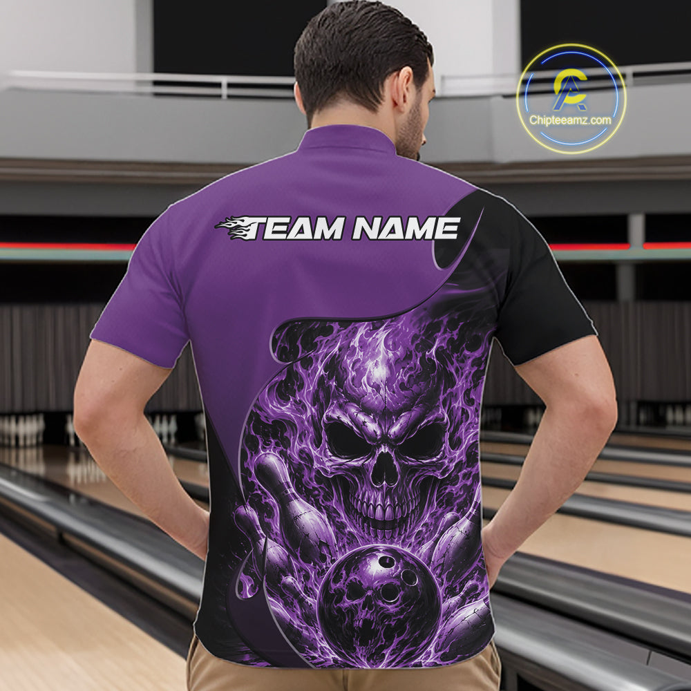 Custom Black And Purple Fire Flame Halloween Skull Bowling Men Quarter Zip Shirt, Team Jersey IPHW12000