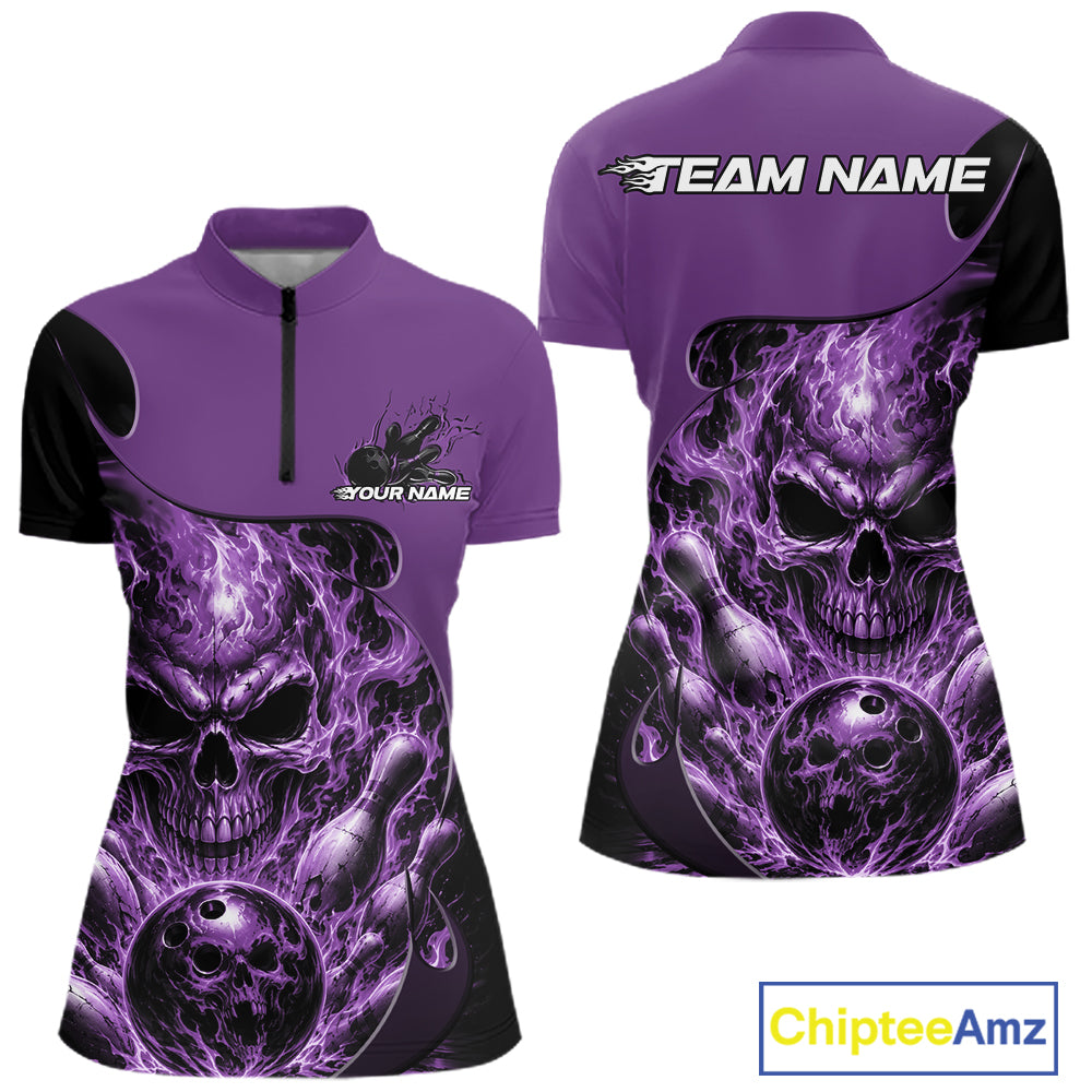 Custom Black And Purple Fire Flame Halloween Skull Bowling Women Quarter-Zip Shirt IPHW12000