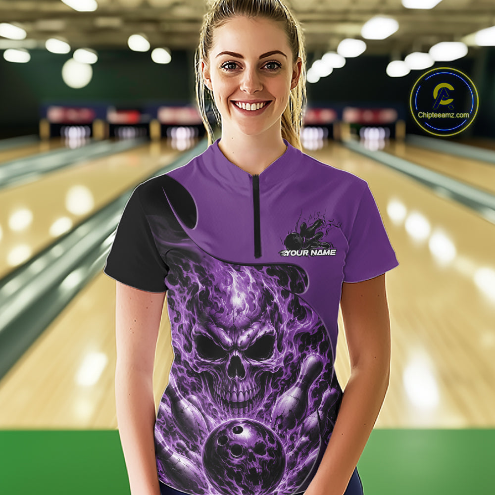 Custom Black And Purple Fire Flame Halloween Skull Bowling Women Quarter-Zip Shirt IPHW12000
