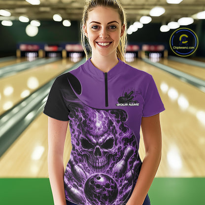 Custom Black And Purple Fire Flame Halloween Skull Bowling Women Quarter-Zip Shirt IPHW12000