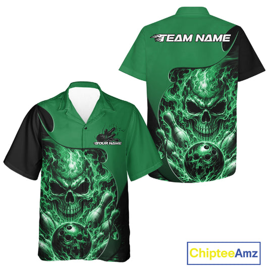Custom Black And Green Fire Flame Halloween Skull Bowling Men And Women Button Up Shirt, Team Jersey IPHW12001