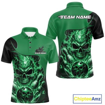 Custom Black And Green Fire Flame Halloween Skull Bowling Men Polo Shirt, Team Jersey IPHW12001