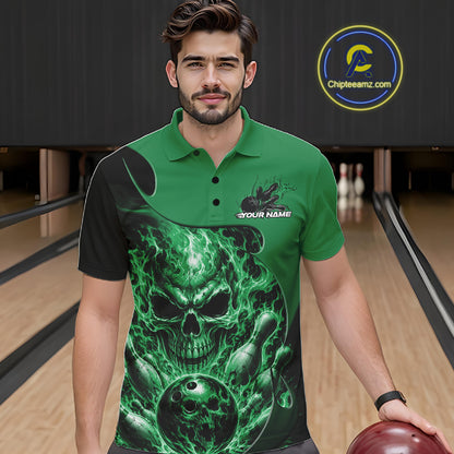 Custom Black And Green Fire Flame Halloween Skull Bowling Men Polo Shirt, Team Jersey IPHW12001