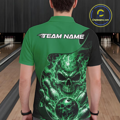 Custom Black And Green Fire Flame Halloween Skull Bowling Men Polo Shirt, Team Jersey IPHW12001
