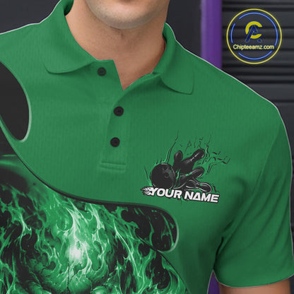 Custom Black And Green Fire Flame Halloween Skull Bowling Men Polo Shirt, Team Jersey IPHW12001
