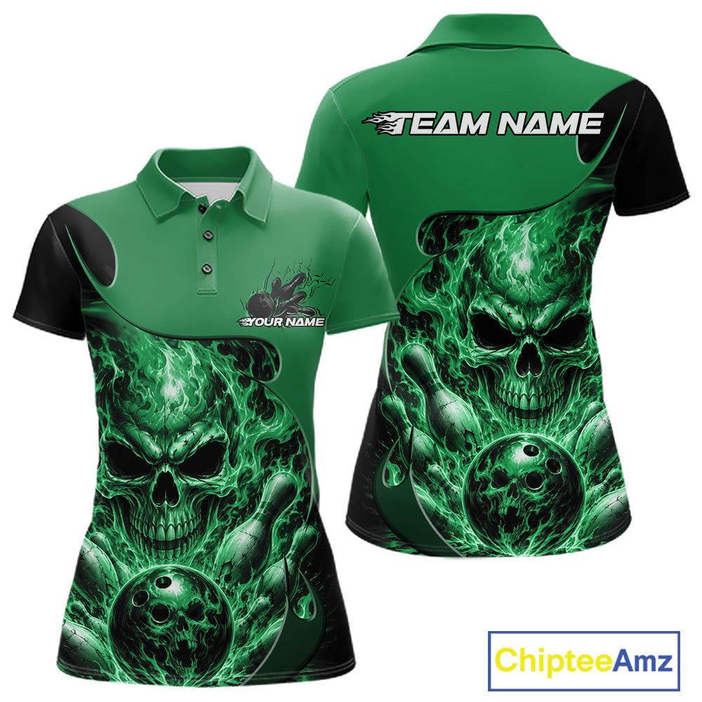 Custom Black And Green Fire Flame Halloween Skull Bowling Women Polo Shirt, Team Jersey IPHW12001
