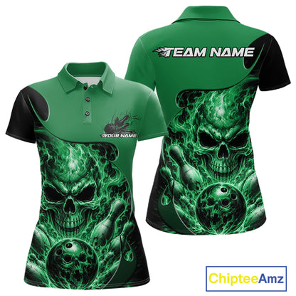 Custom Black And Green Fire Flame Halloween Skull Bowling Women Polo Shirt, Team Jersey IPHW12001