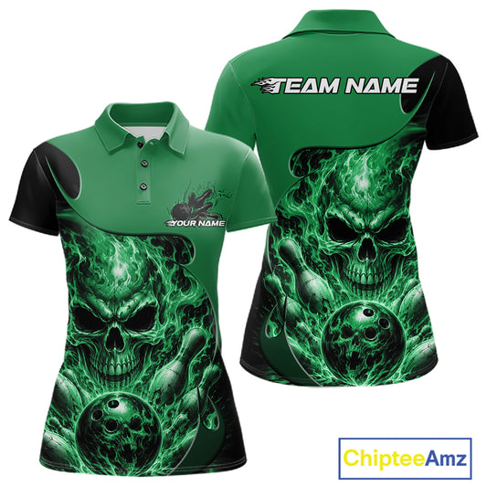 Custom Black And Green Fire Flame Halloween Skull Bowling Women Polo Shirt, Team Jersey IPHW12001