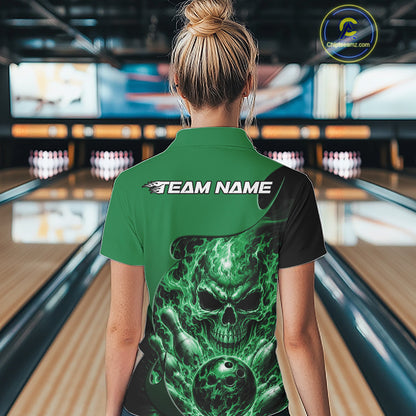 Custom Black And Green Fire Flame Halloween Skull Bowling Women Polo Shirt, Team Jersey IPHW12001