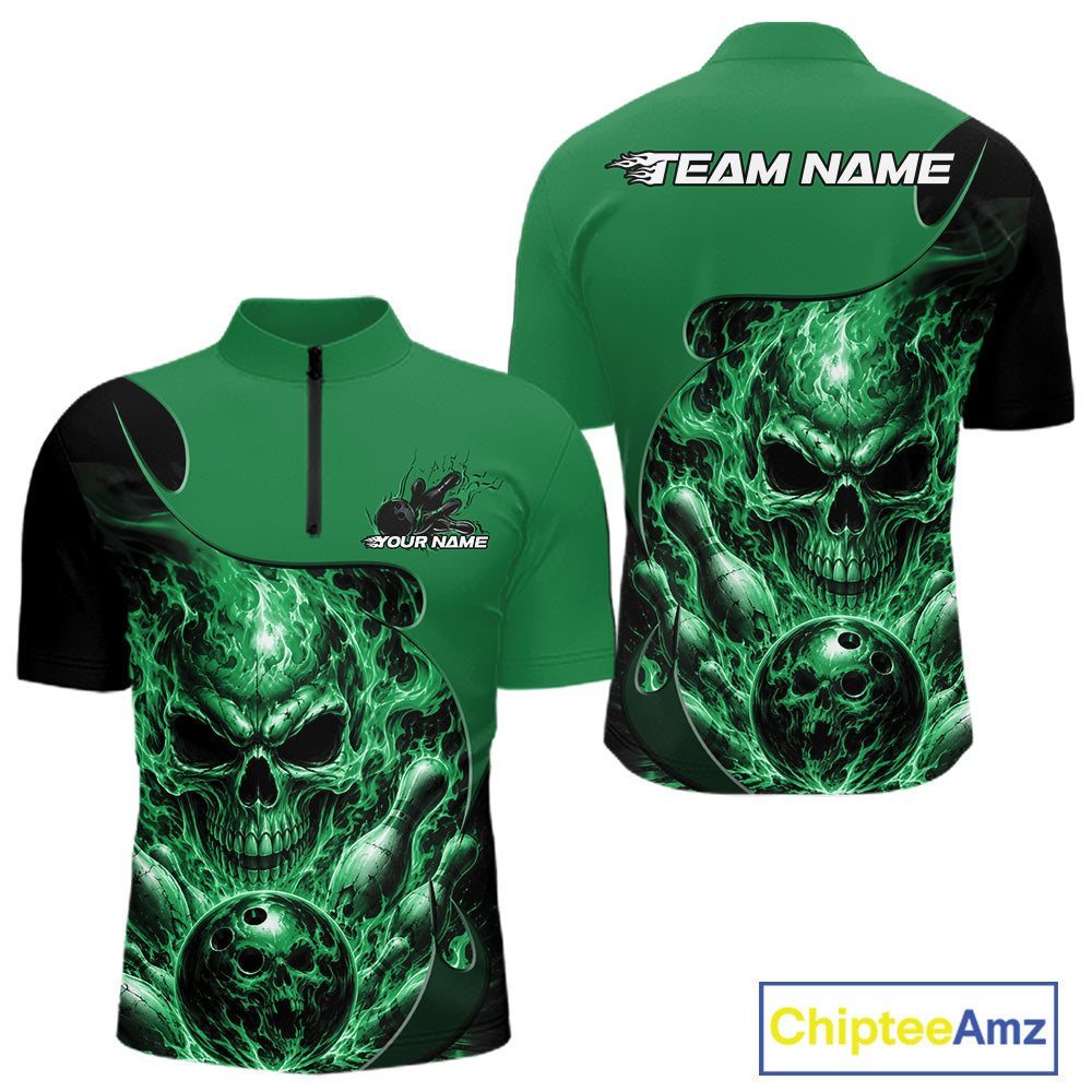 Custom Black And Green Fire Flame Halloween Skull Bowling Men Quarter Zip Shirt, Team Jersey IPHW12001