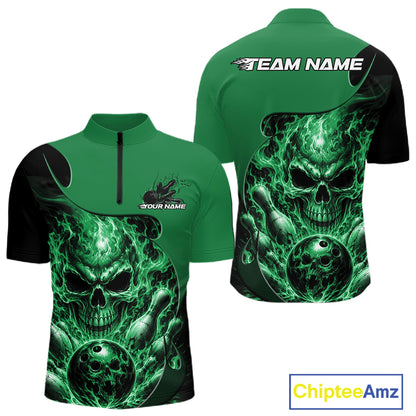 Custom Black And Green Fire Flame Halloween Skull Bowling Men Quarter Zip Shirt, Team Jersey IPHW12001
