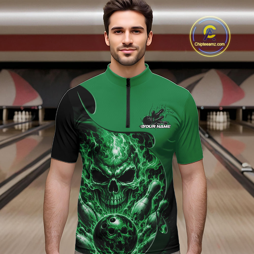 Custom Black And Green Fire Flame Halloween Skull Bowling Men Quarter Zip Shirt, Team Jersey IPHW12001