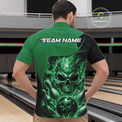 Custom Black And Green Fire Flame Halloween Skull Bowling Men Quarter Zip Shirt, Team Jersey IPHW12001