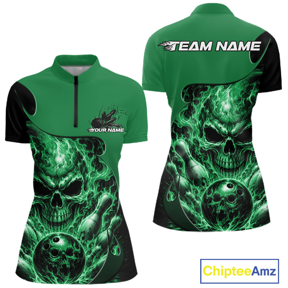 Custom Black And Green Fire Flame Halloween Skull Bowling Women Quarter-Zip Shirt IPHW12001