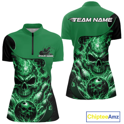 Custom Black And Green Fire Flame Halloween Skull Bowling Women Quarter-Zip Shirt IPHW12001