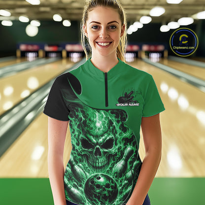 Custom Black And Green Fire Flame Halloween Skull Bowling Women Quarter-Zip Shirt IPHW12001